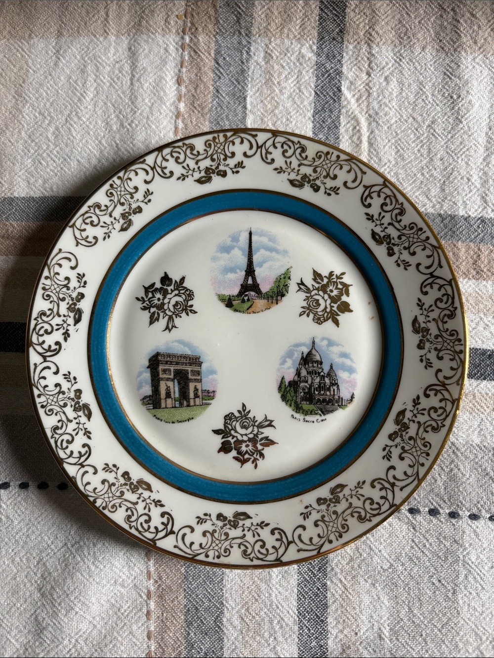 Vintage Limoges Giraud Blue and Gold Paris Landmark Decorative Souvenir Plate